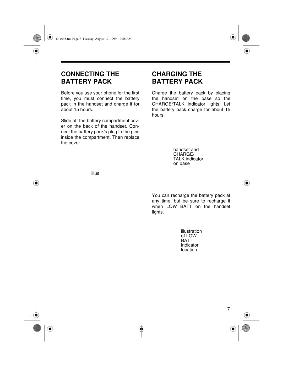 Radio Shack ET-545 owner manual Connecting Charging Battery Pack, Charge 