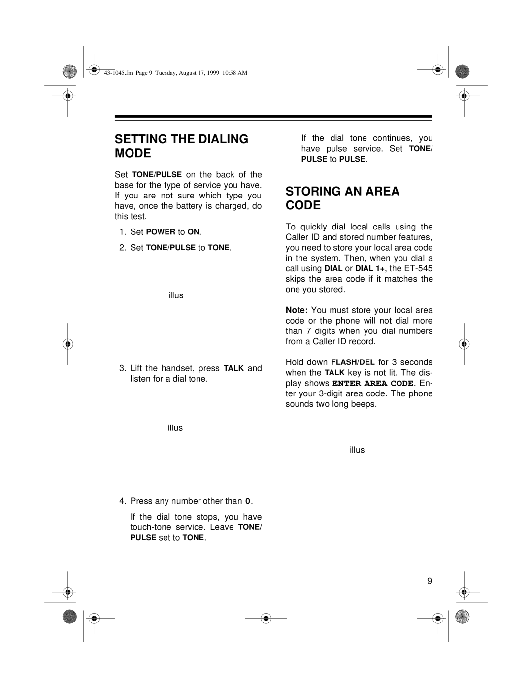 Radio Shack ET-545 owner manual Setting the Dialing Mode, Storing AN Area Code 