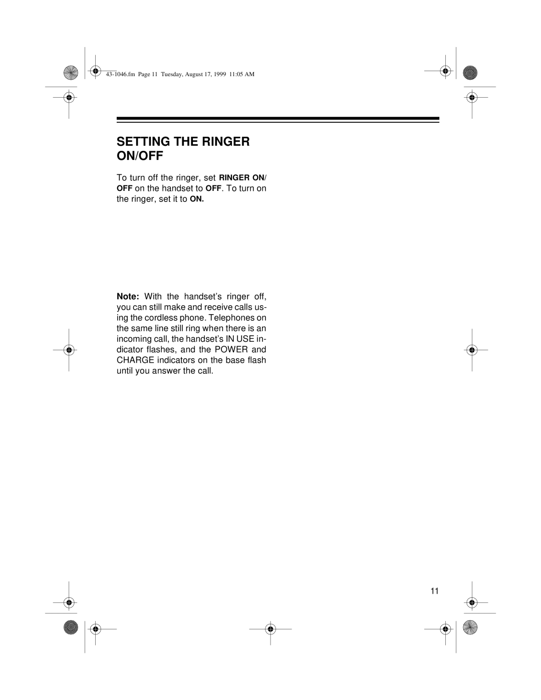 Radio Shack ET-546 owner manual Setting the Ringer ON/OFF 