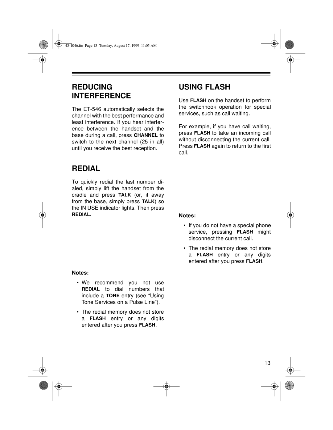 Radio Shack ET-546 owner manual Reducing Interference, Using Flash, Redial 