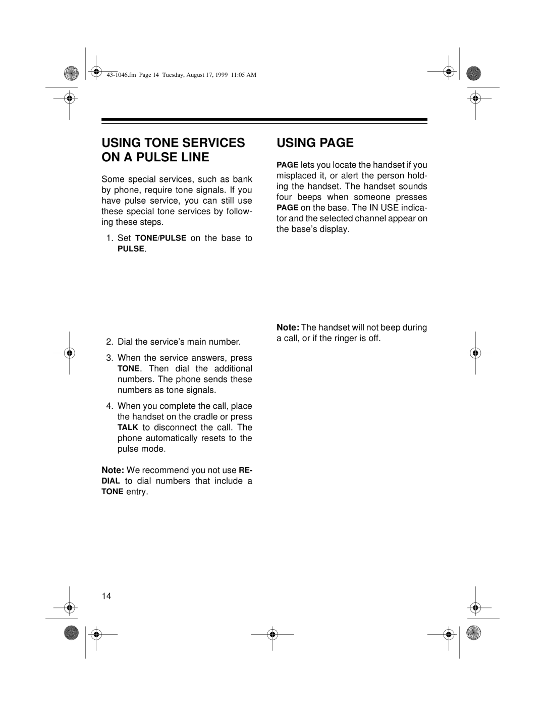 Radio Shack ET-546 owner manual Using Tone Services on a Pulse Line 