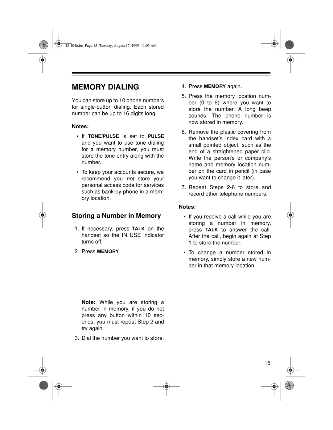 Radio Shack ET-546 owner manual Memory Dialing, Storing a Number in Memory 