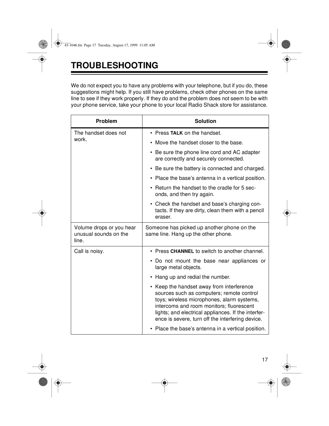 Radio Shack ET-546 owner manual Troubleshooting, Problem Solution 