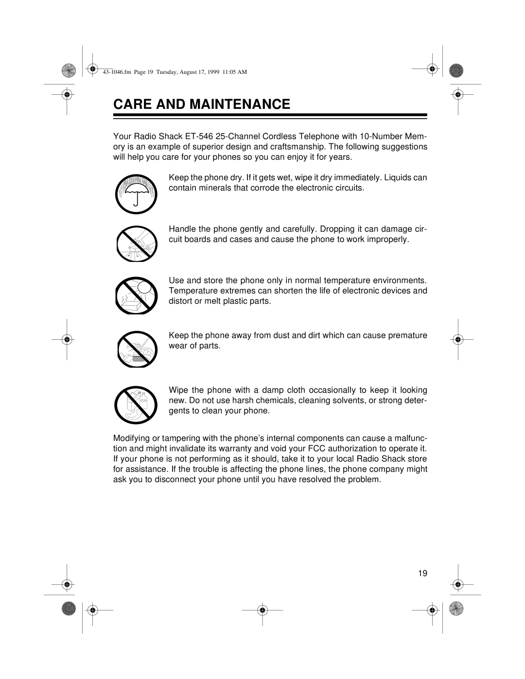 Radio Shack ET-546 owner manual Care and Maintenance 