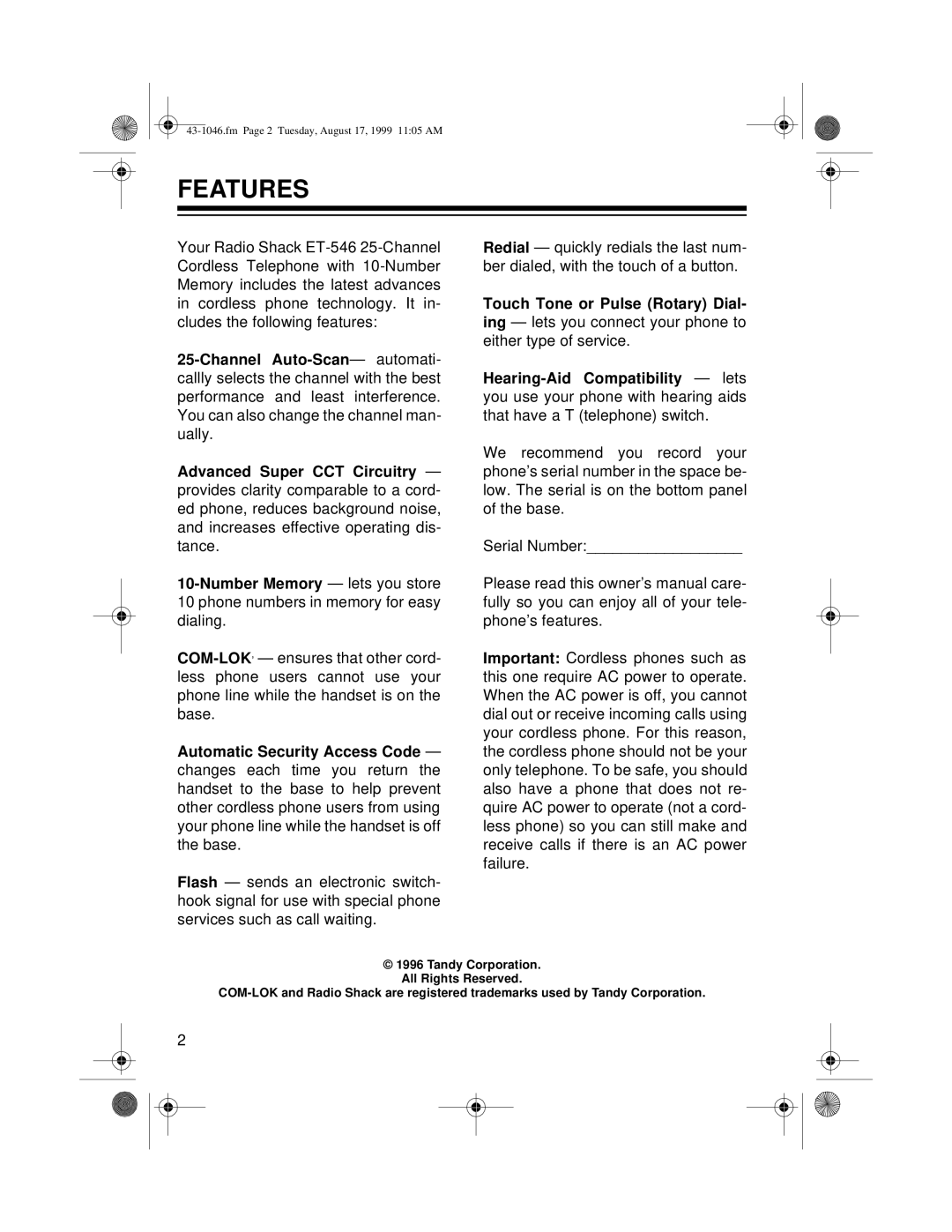 Radio Shack ET-546 owner manual Features 