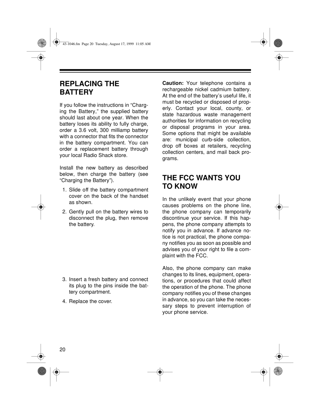 Radio Shack ET-546 owner manual Replacing Battery, FCC Wants YOU to Know 