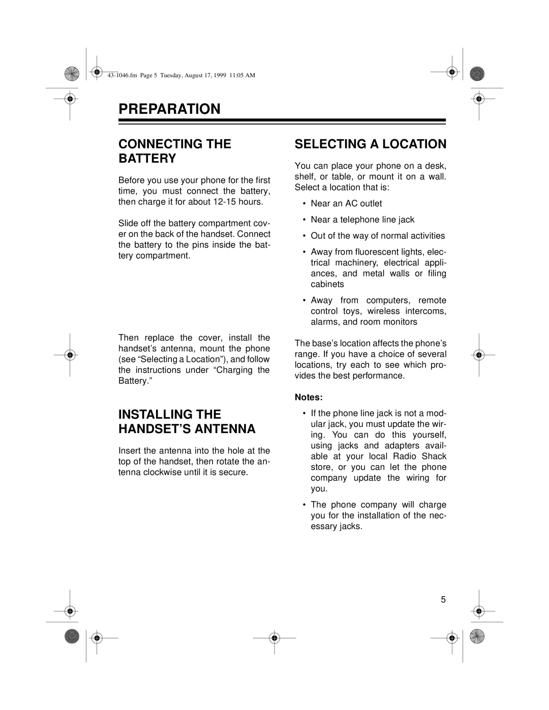 Radio Shack ET-546 owner manual Preparation, Connecting Battery, Installing the HANDSET’S Antenna, Selecting a Location 