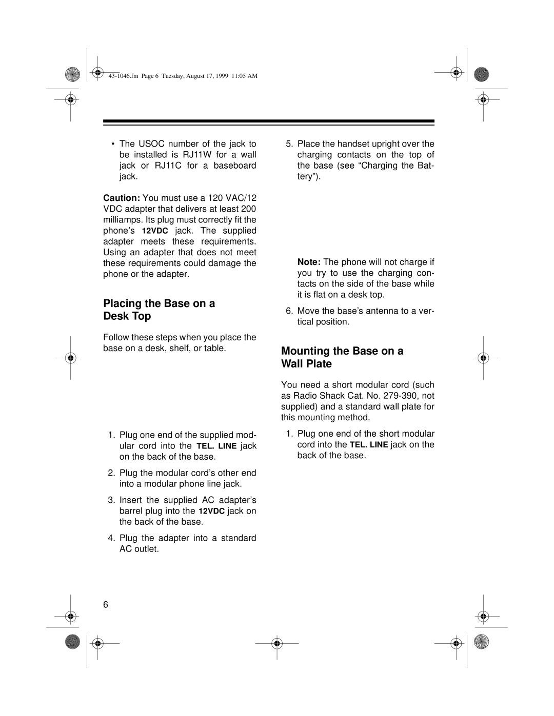 Radio Shack ET-546 owner manual Placing the Base on a Desk Top, Mounting the Base on a Wall Plate 