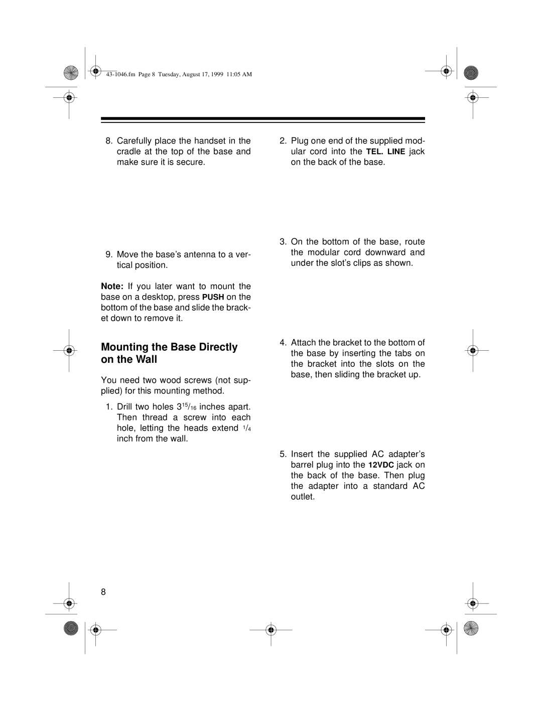 Radio Shack ET-546 owner manual Mounting the Base Directly on the Wall 