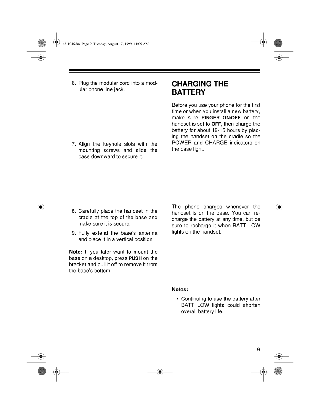 Radio Shack ET-546 owner manual Charging Battery 