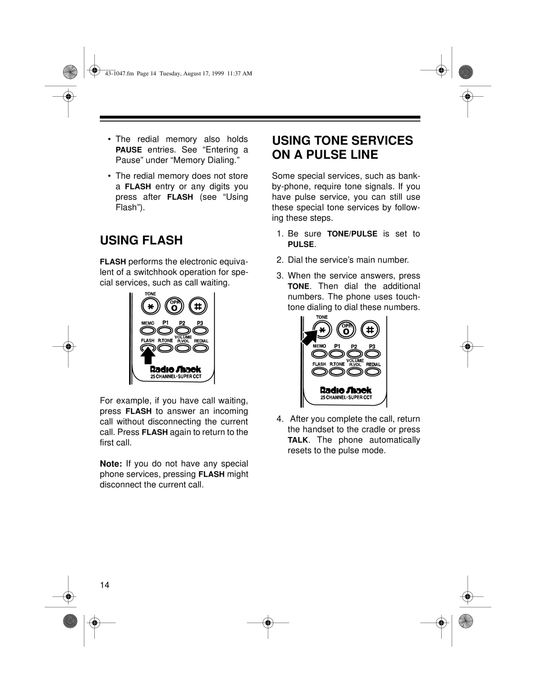 Radio Shack ET-547 owner manual Using Flash, Using Tone Services on a Pulse Line 