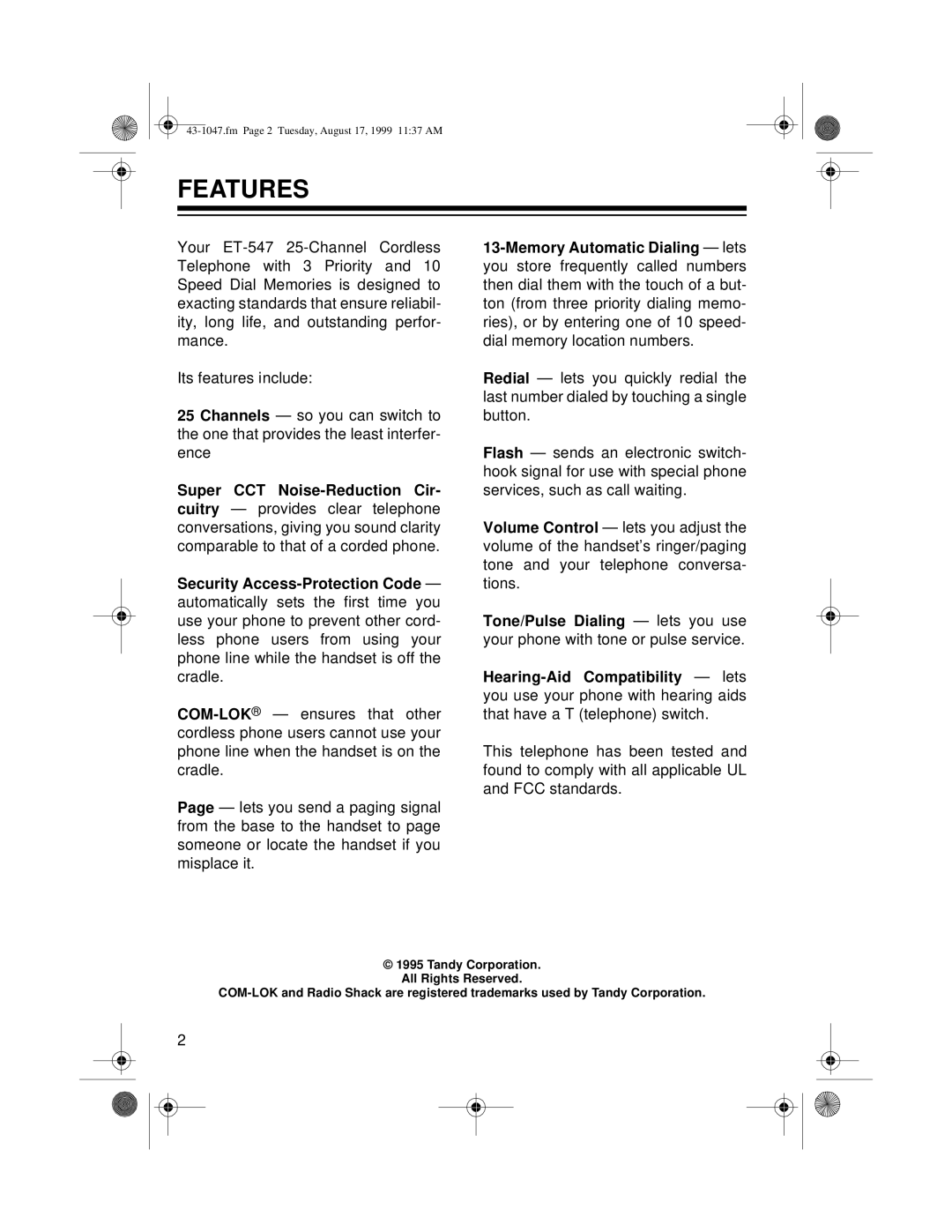 Radio Shack ET-547 owner manual Features 