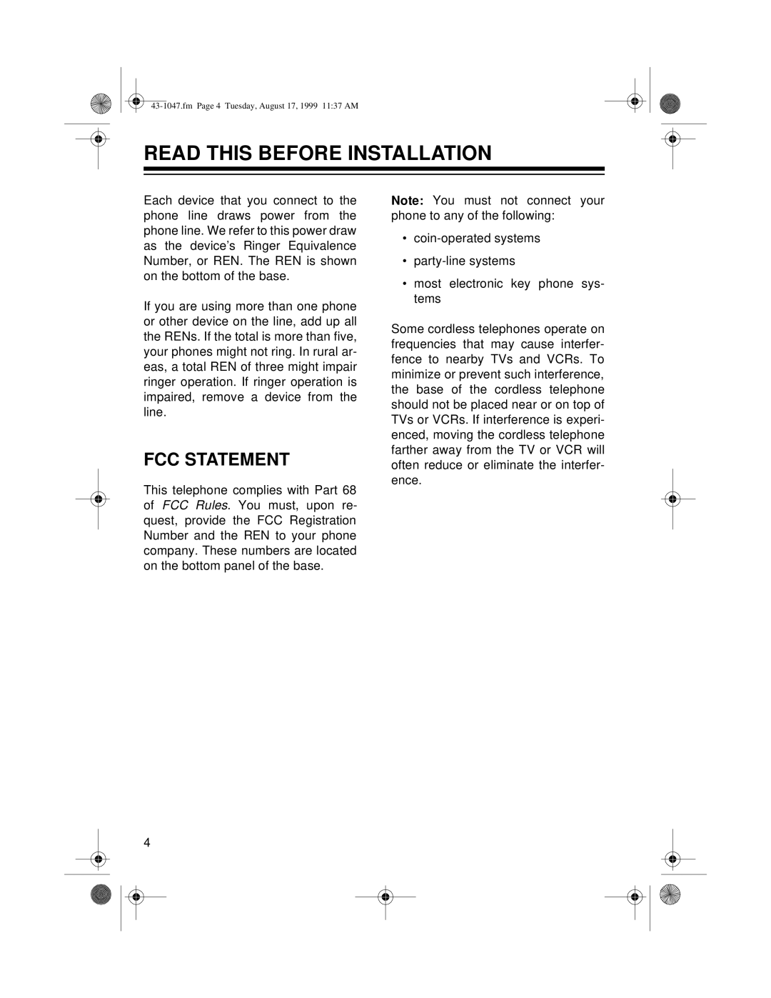 Radio Shack ET-547 owner manual Read this Before Installation, FCC Statement 