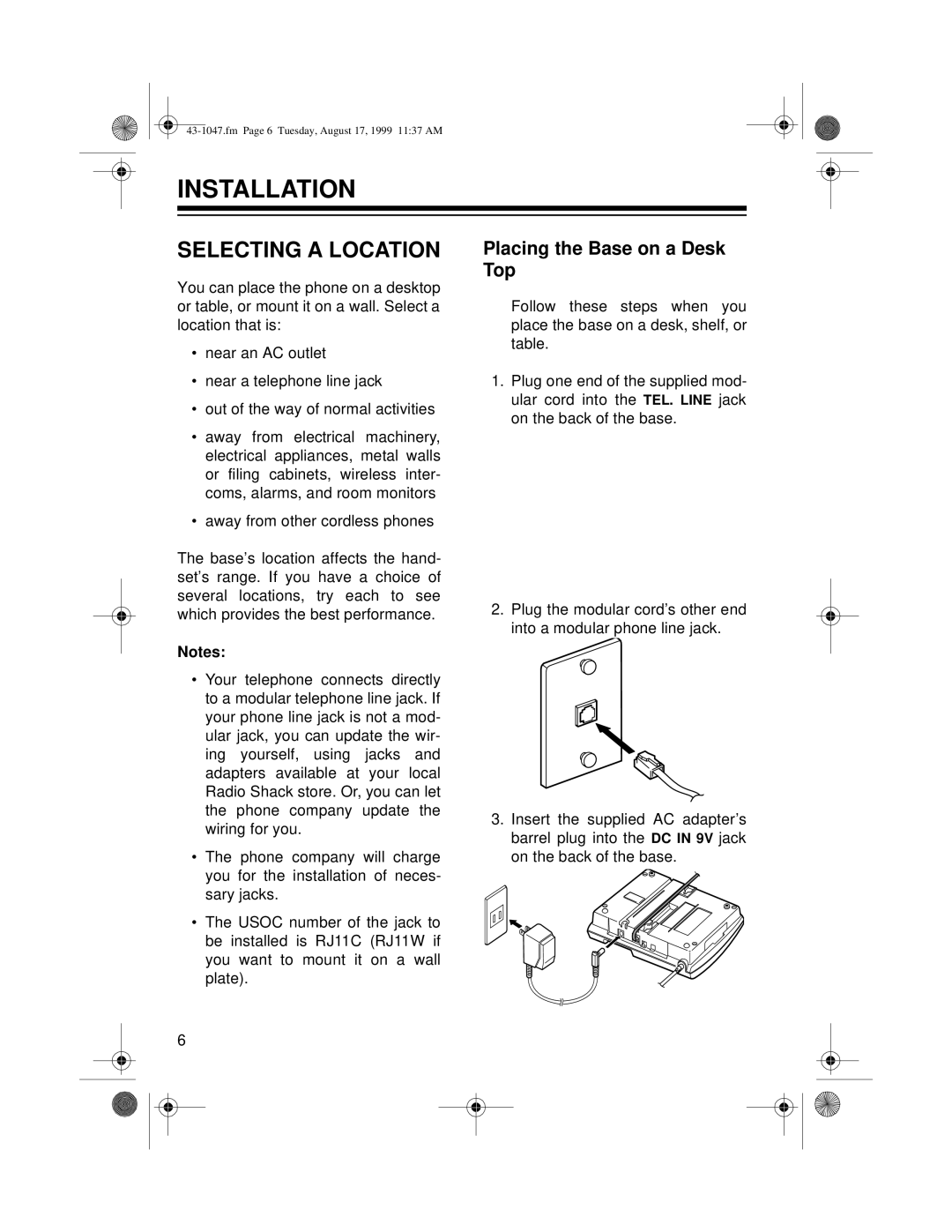 Radio Shack ET-547 owner manual Installation, Selecting a Location, Placing the Base on a Desk Top 