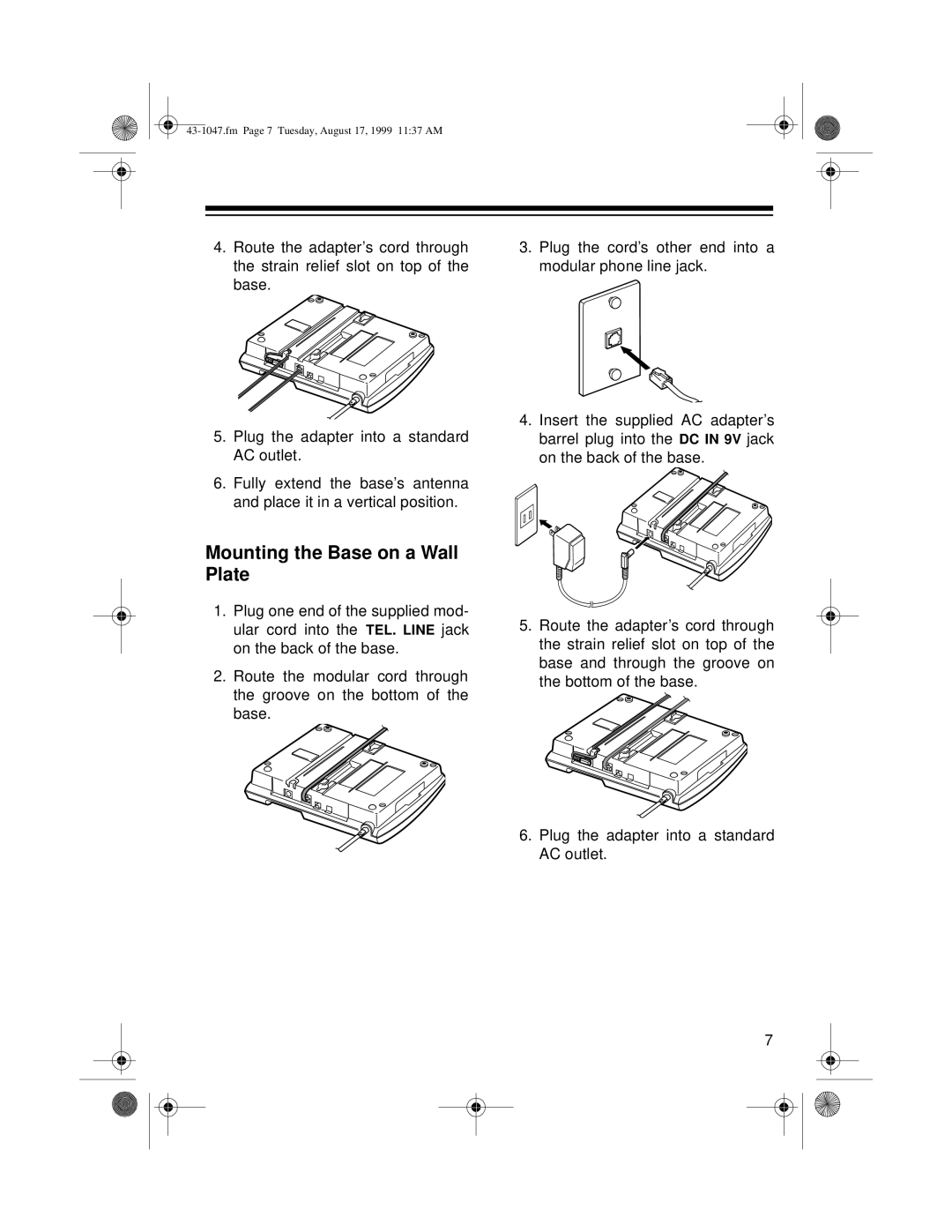 Radio Shack ET-547 owner manual Mounting the Base on a Wall Plate 