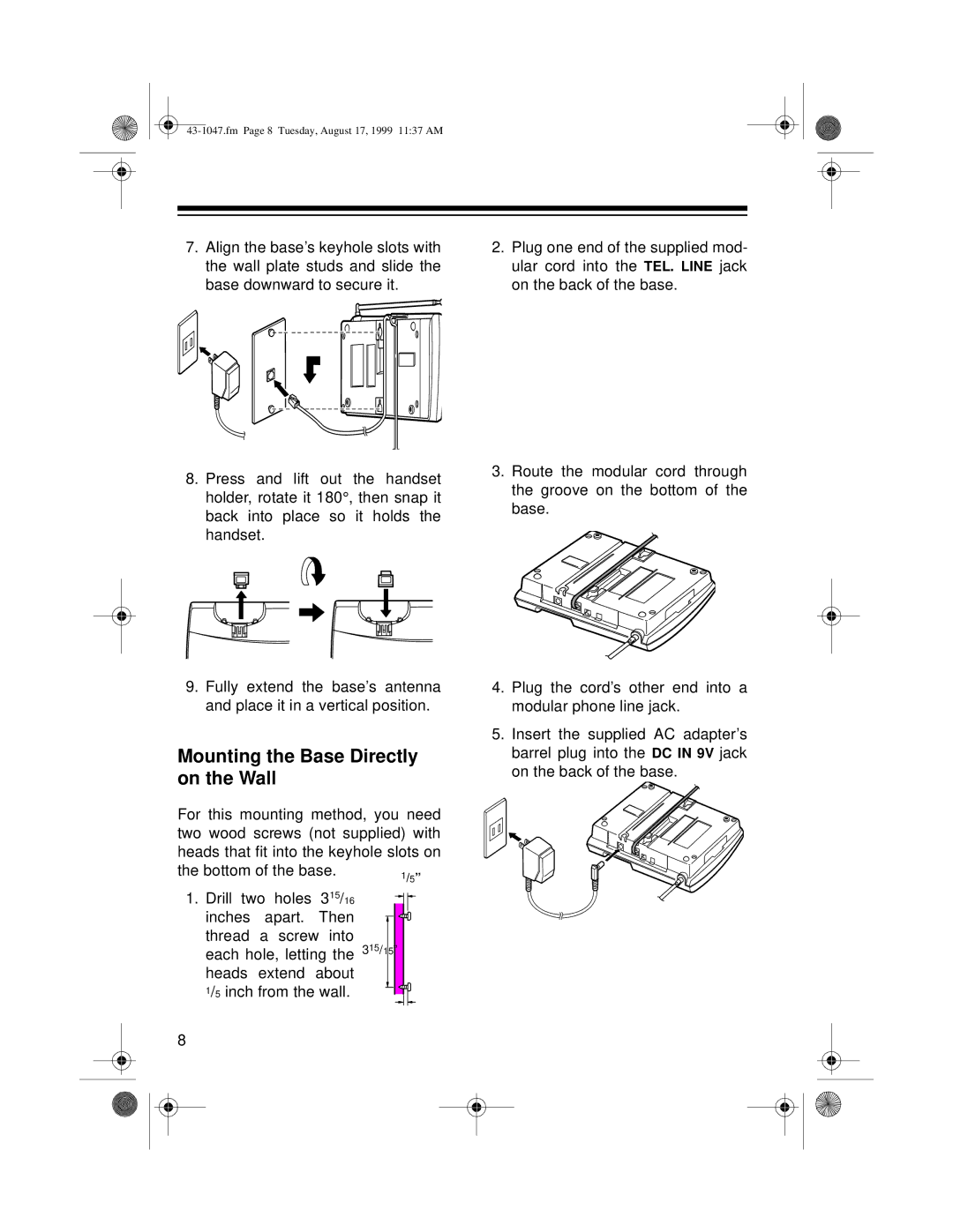 Radio Shack ET-547 owner manual Mounting the Base Directly on the Wall 