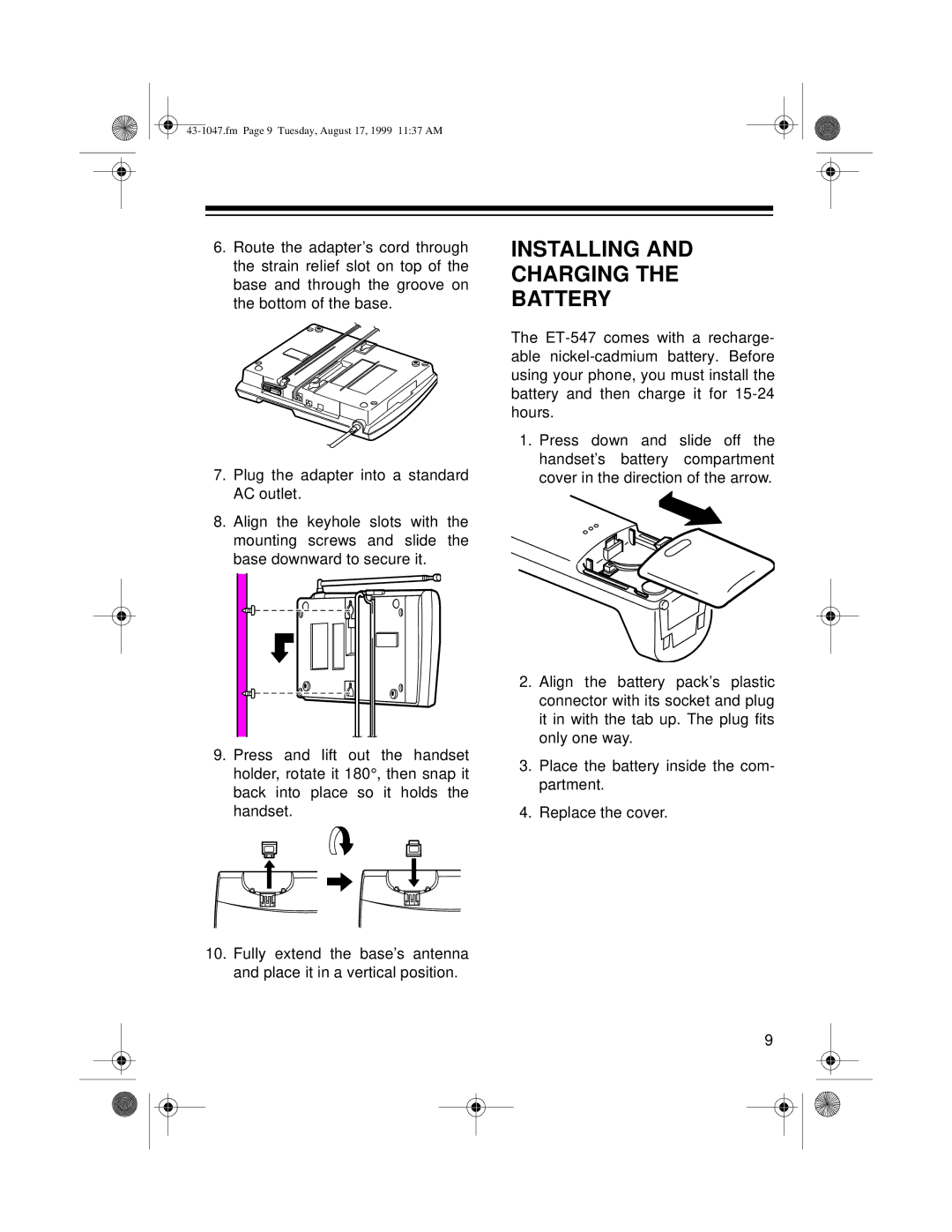 Radio Shack ET-547 owner manual Installing Charging Battery 