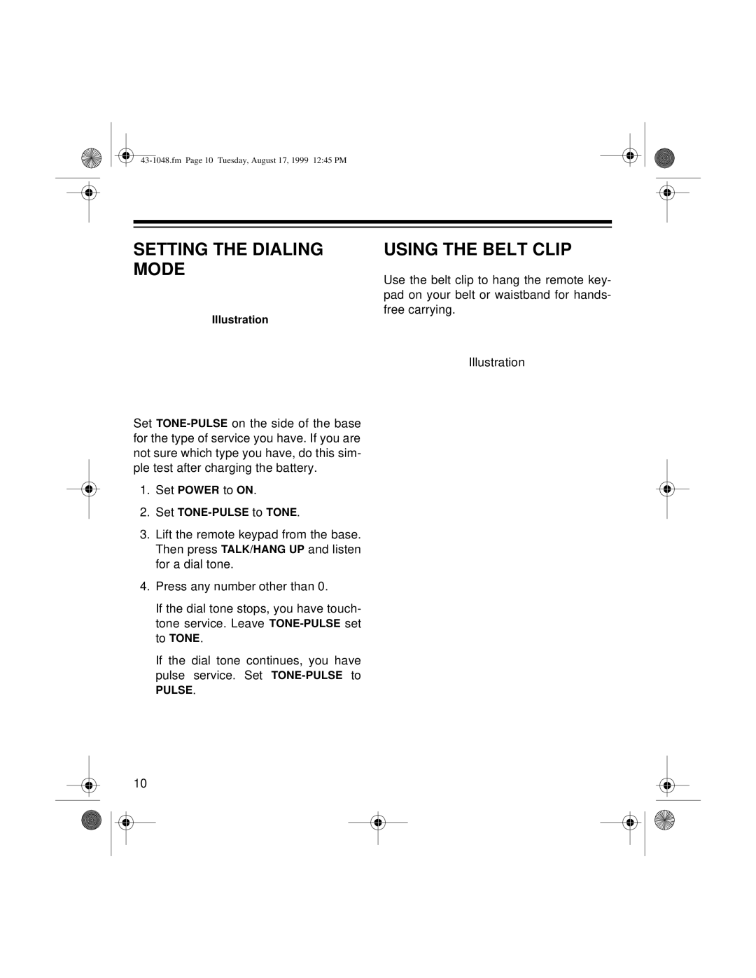 Radio Shack ET-548 owner manual Setting the Dialing Using the Belt Clip Mode 