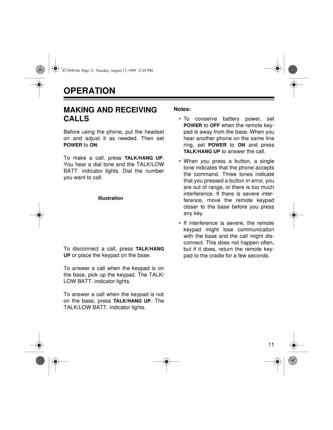 Radio Shack ET-548 owner manual Operation, Making and Receiving Calls 