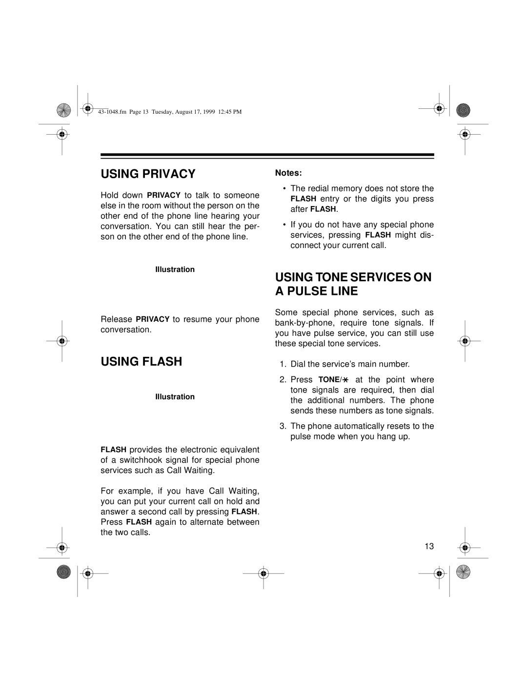 Radio Shack ET-548 owner manual Using Privacy, Using Tone Services on a Pulse Line, Using Flash 