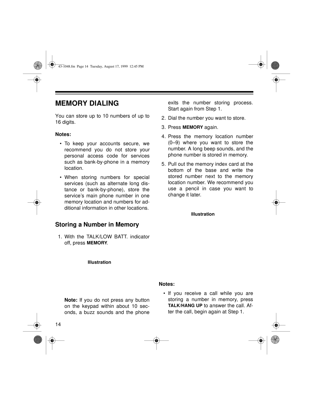 Radio Shack ET-548 owner manual Memory Dialing, Storing a Number in Memory 