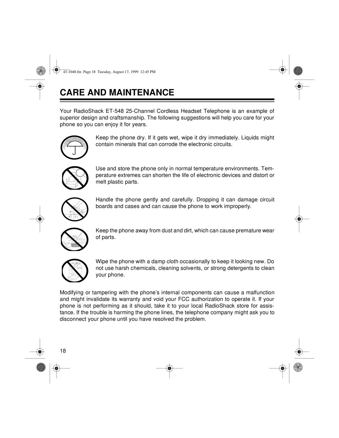 Radio Shack ET-548 owner manual Care and Maintenance 