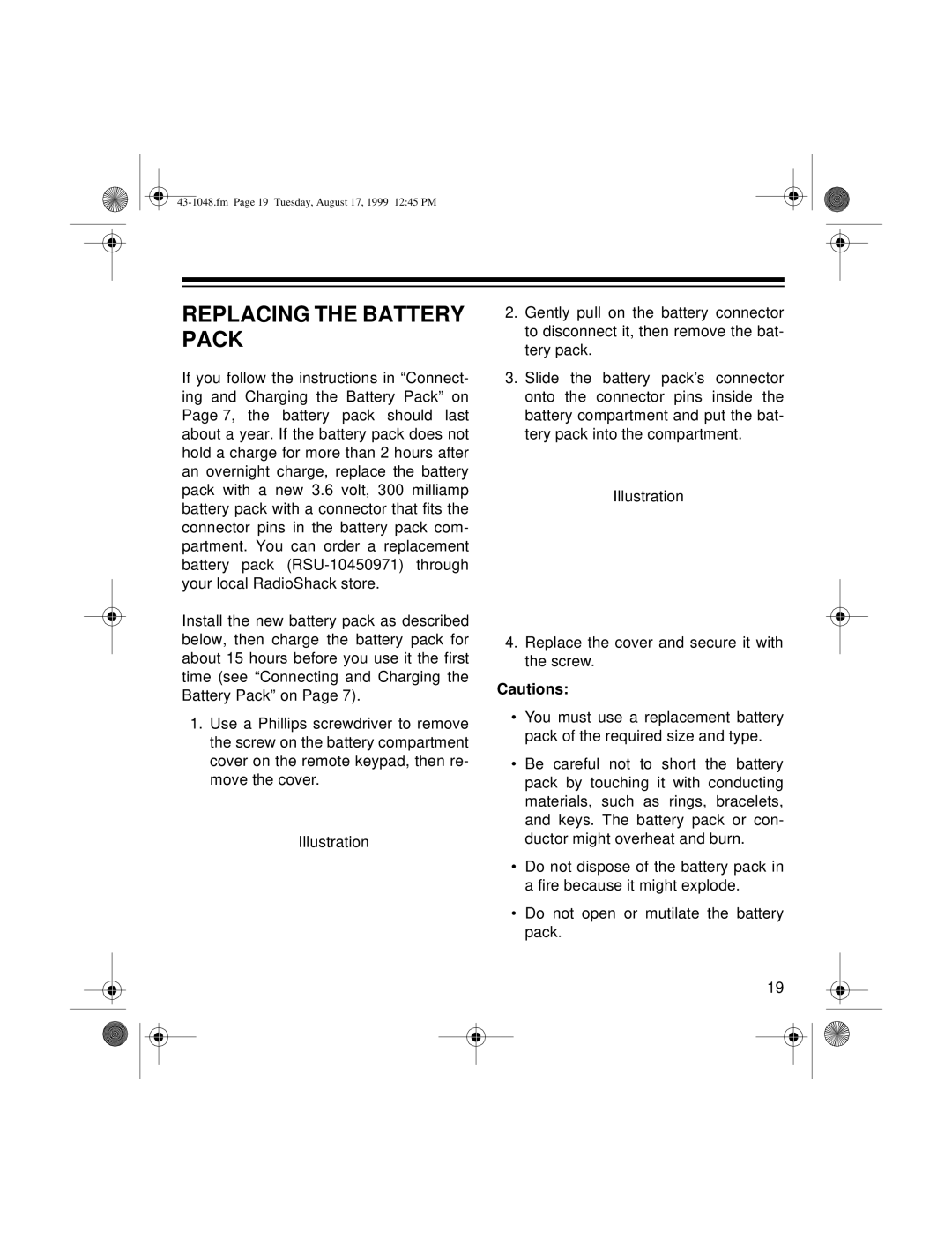 Radio Shack ET-548 owner manual Replacing the Battery Pack 