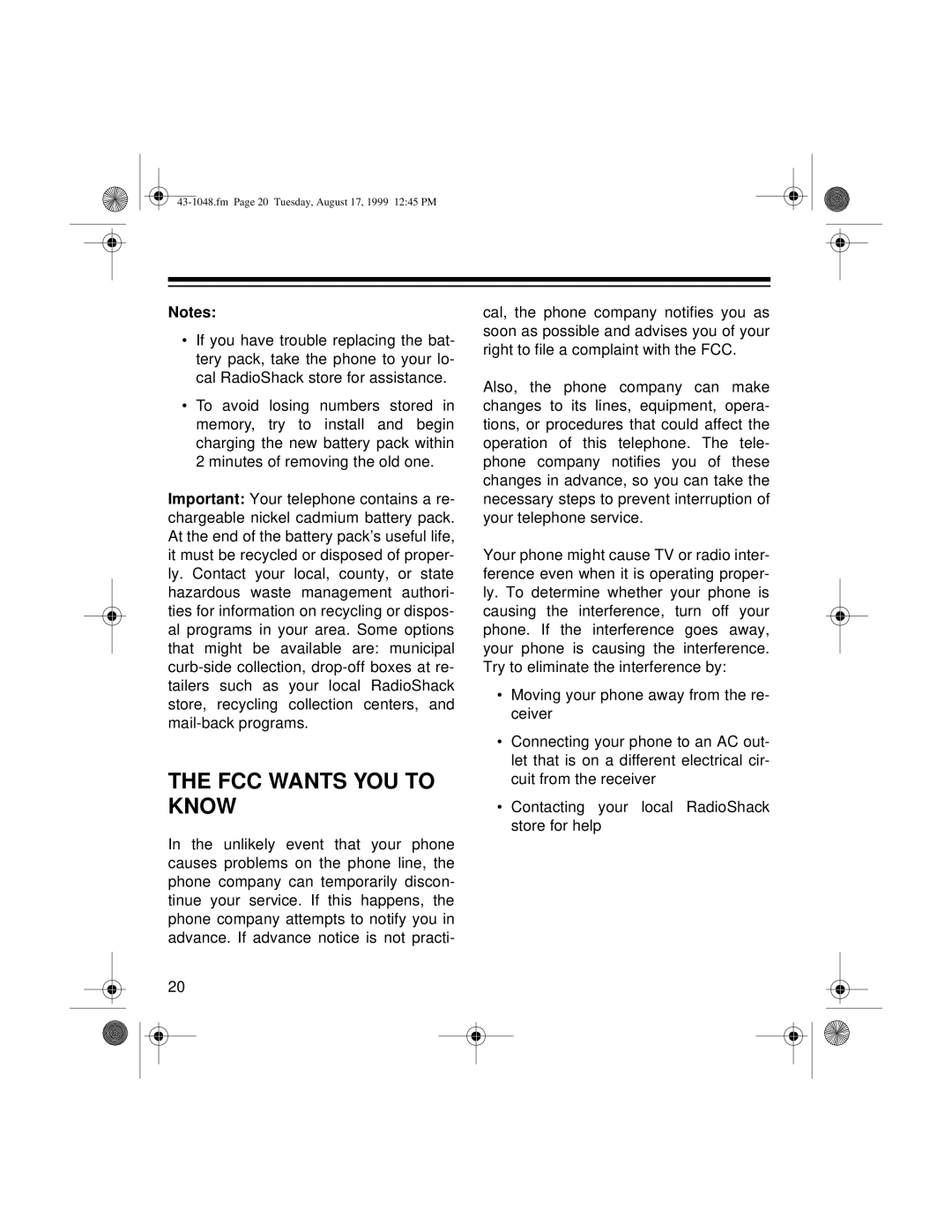 Radio Shack ET-548 owner manual FCC Wants YOU to Know 