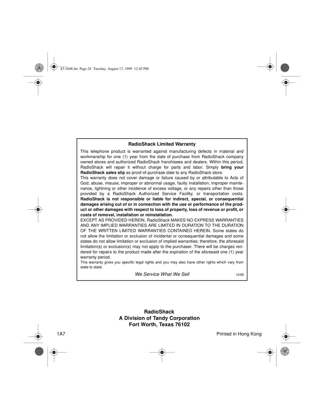 Radio Shack ET-548 owner manual RadioShack Division of Tandy Corporation Fort Worth, Texas 