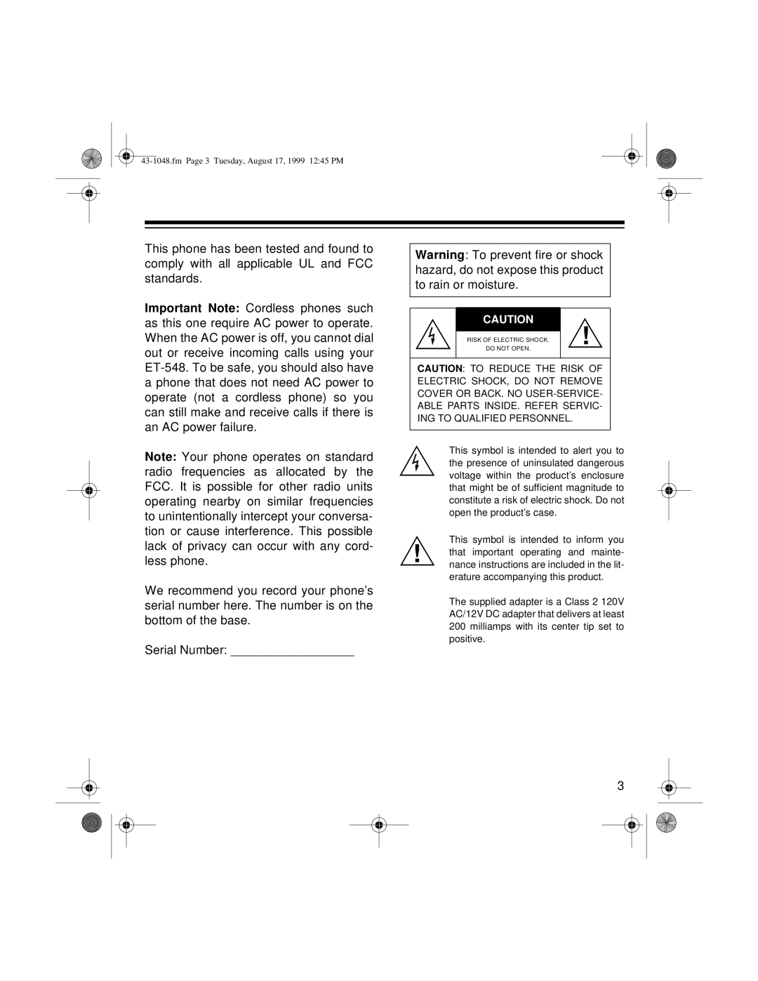 Radio Shack ET-548 owner manual Fm Page 3 Tuesday, August 17, 1999 1245 PM 