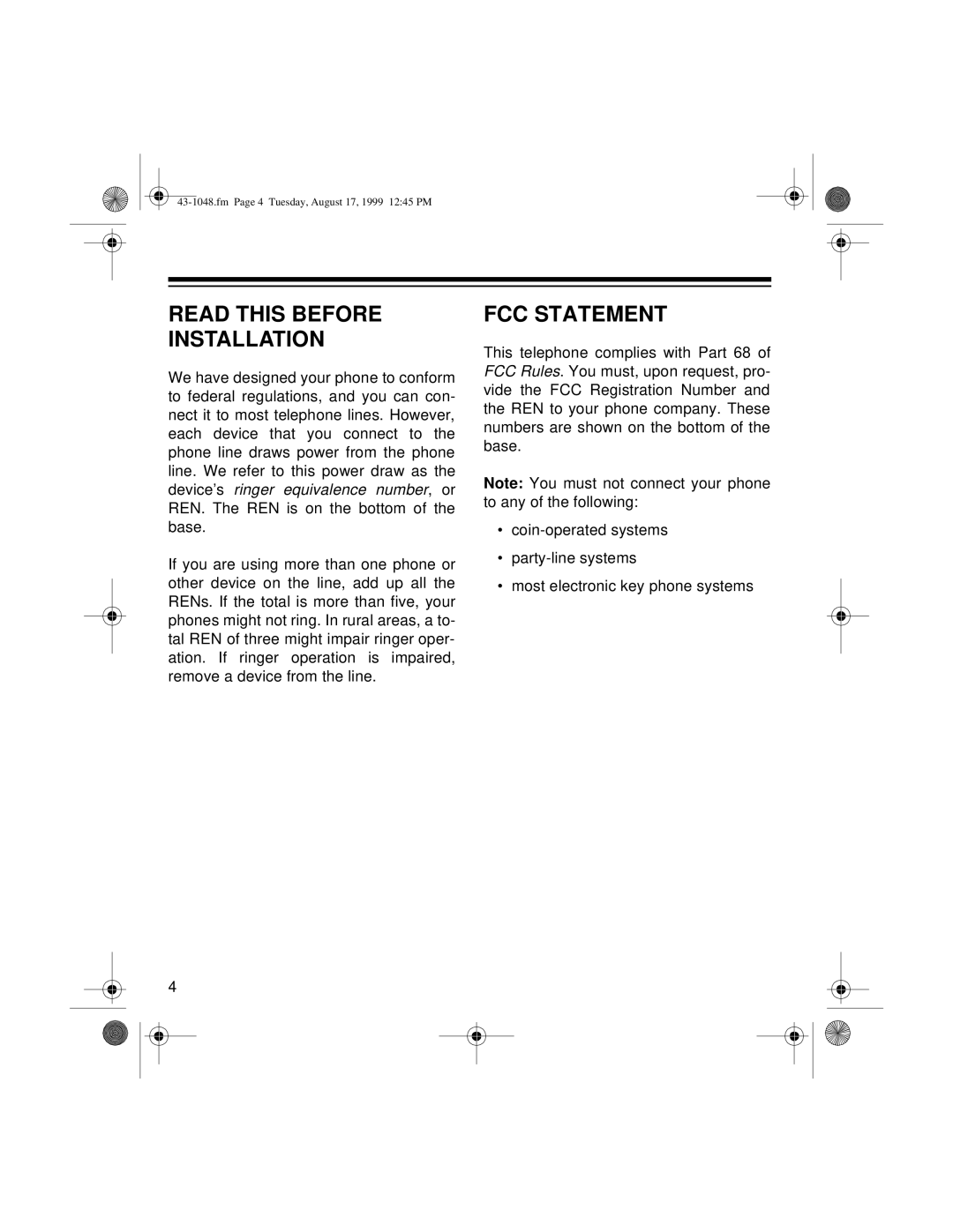 Radio Shack ET-548 owner manual Read this Before Installation, FCC Statement 