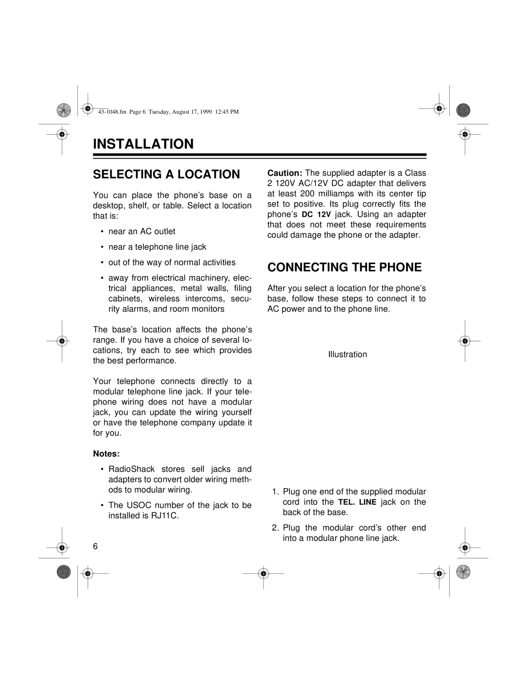 Radio Shack ET-548 owner manual Installation, Selecting a Location, Connecting the Phone 