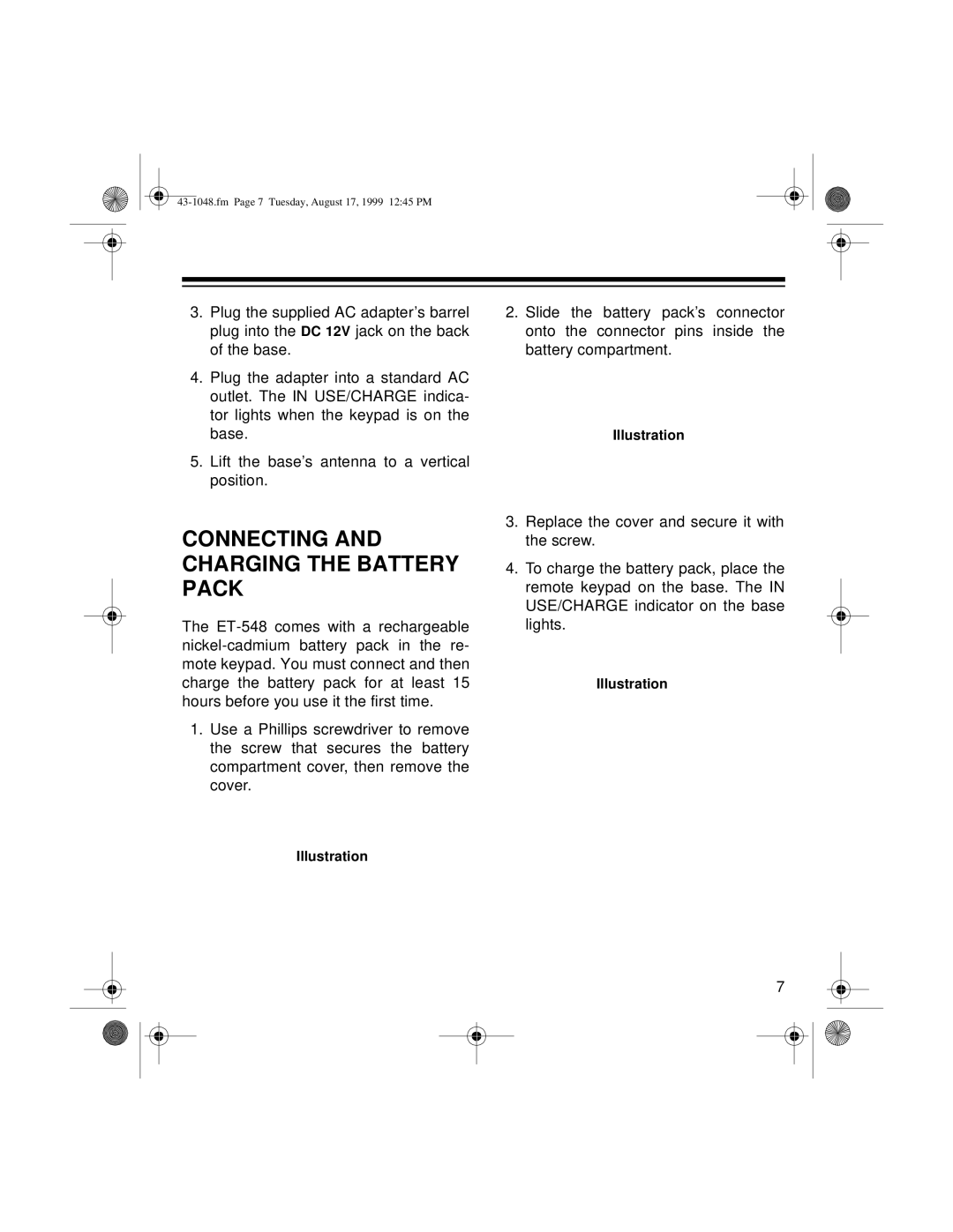 Radio Shack ET-548 owner manual Connecting and Charging the Battery Pack 