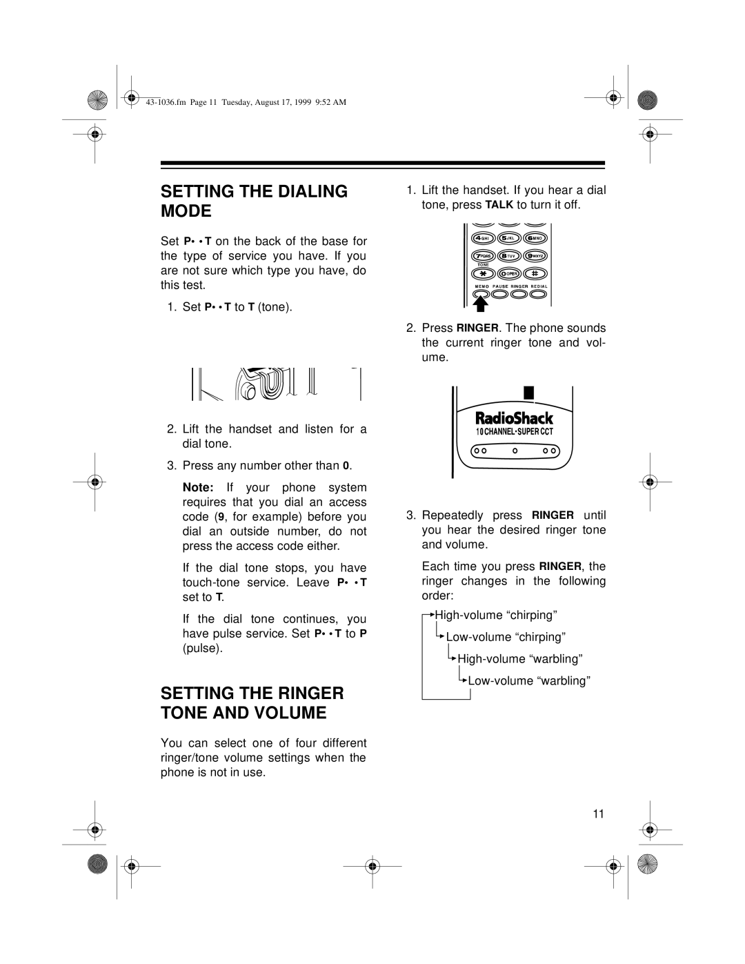 Radio Shack ET-536, ET-549 owner manual Setting the Dialing Mode, Setting the Ringer Tone and Volume 