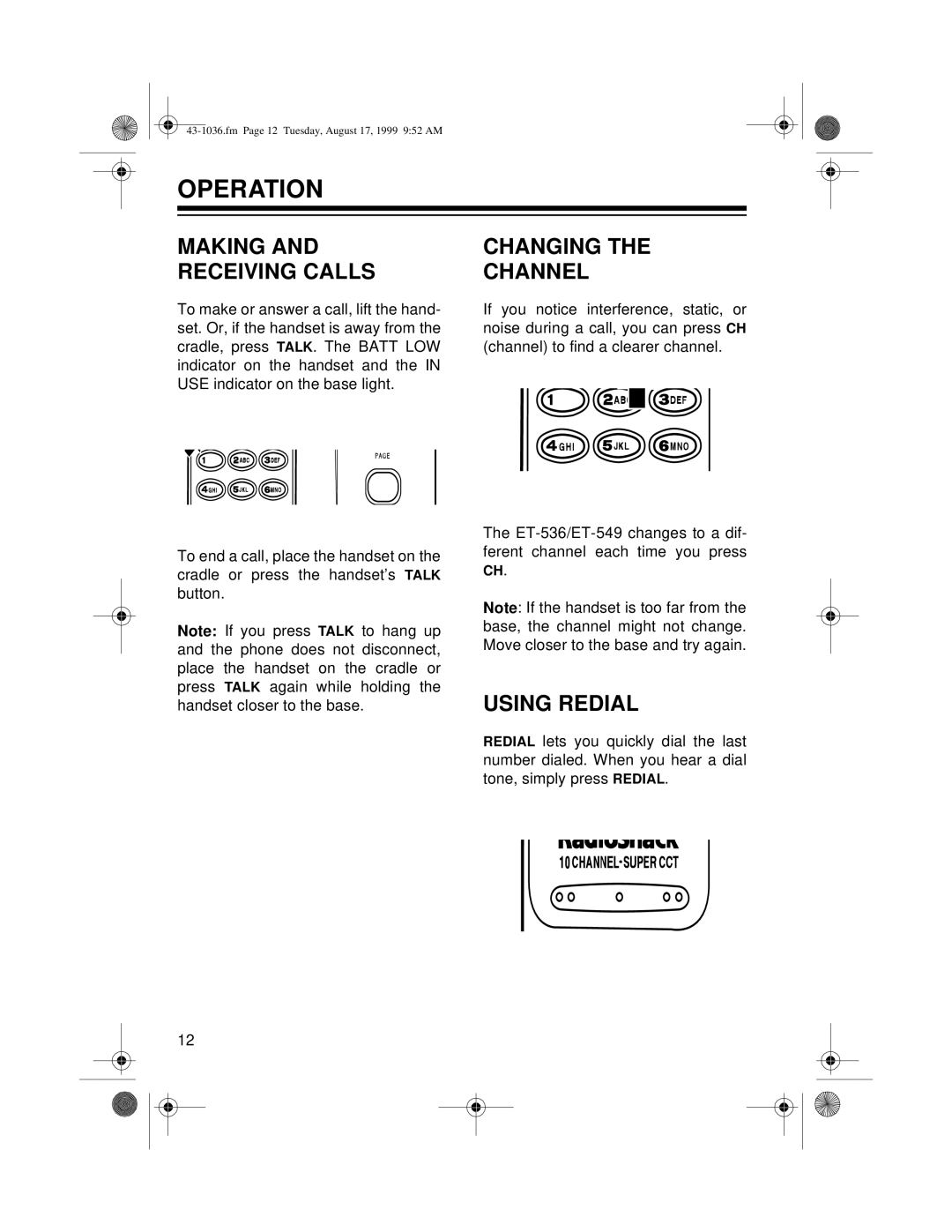 Radio Shack ET-549, ET-536 owner manual Operation, Making and Receiving Calls, Changing Channel, Using Redial 