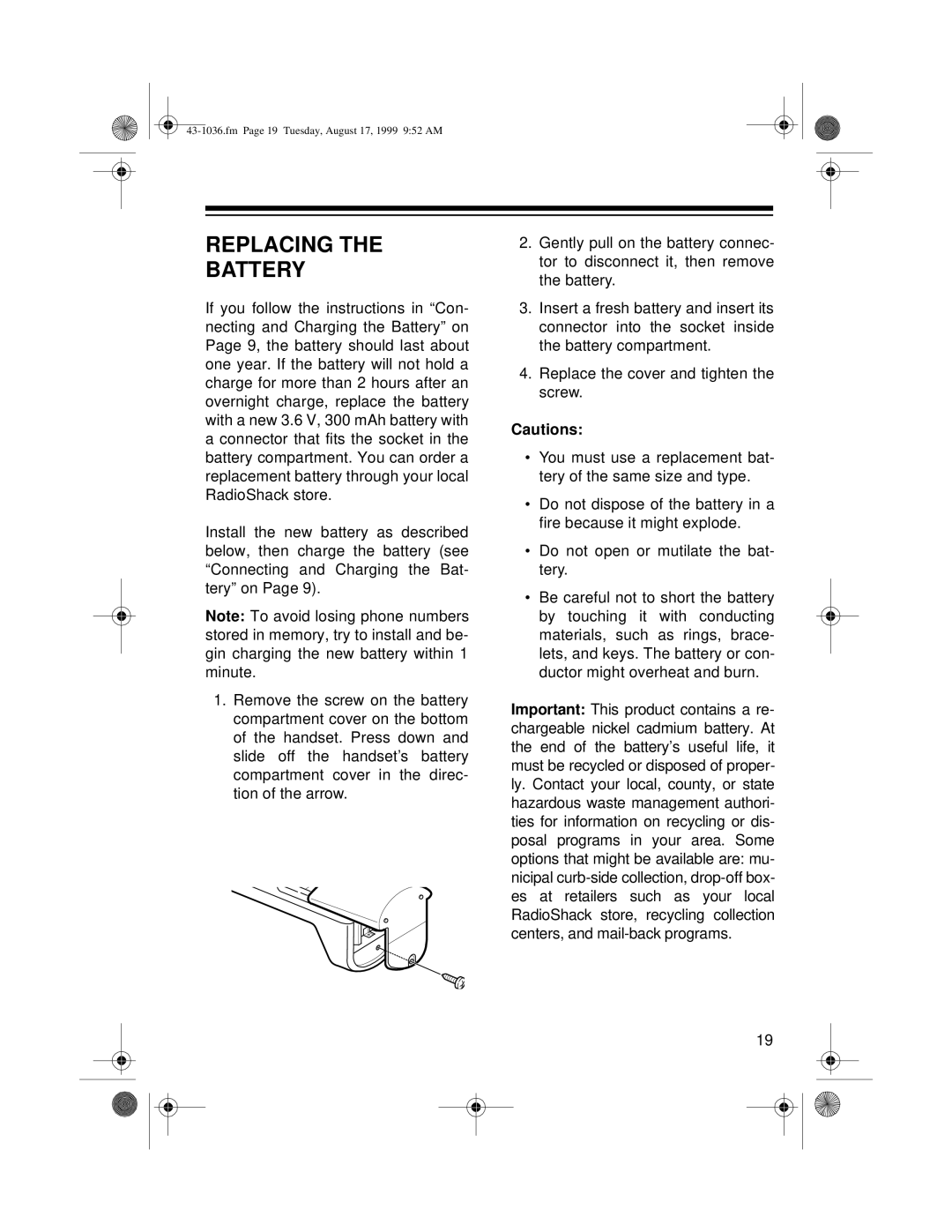 Radio Shack ET-536, ET-549 owner manual Replacing Battery 