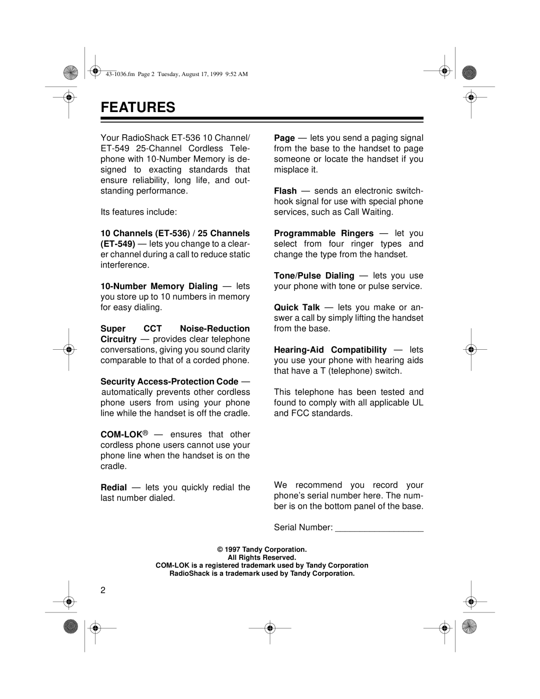 Radio Shack ET-549, ET-536 owner manual Features 