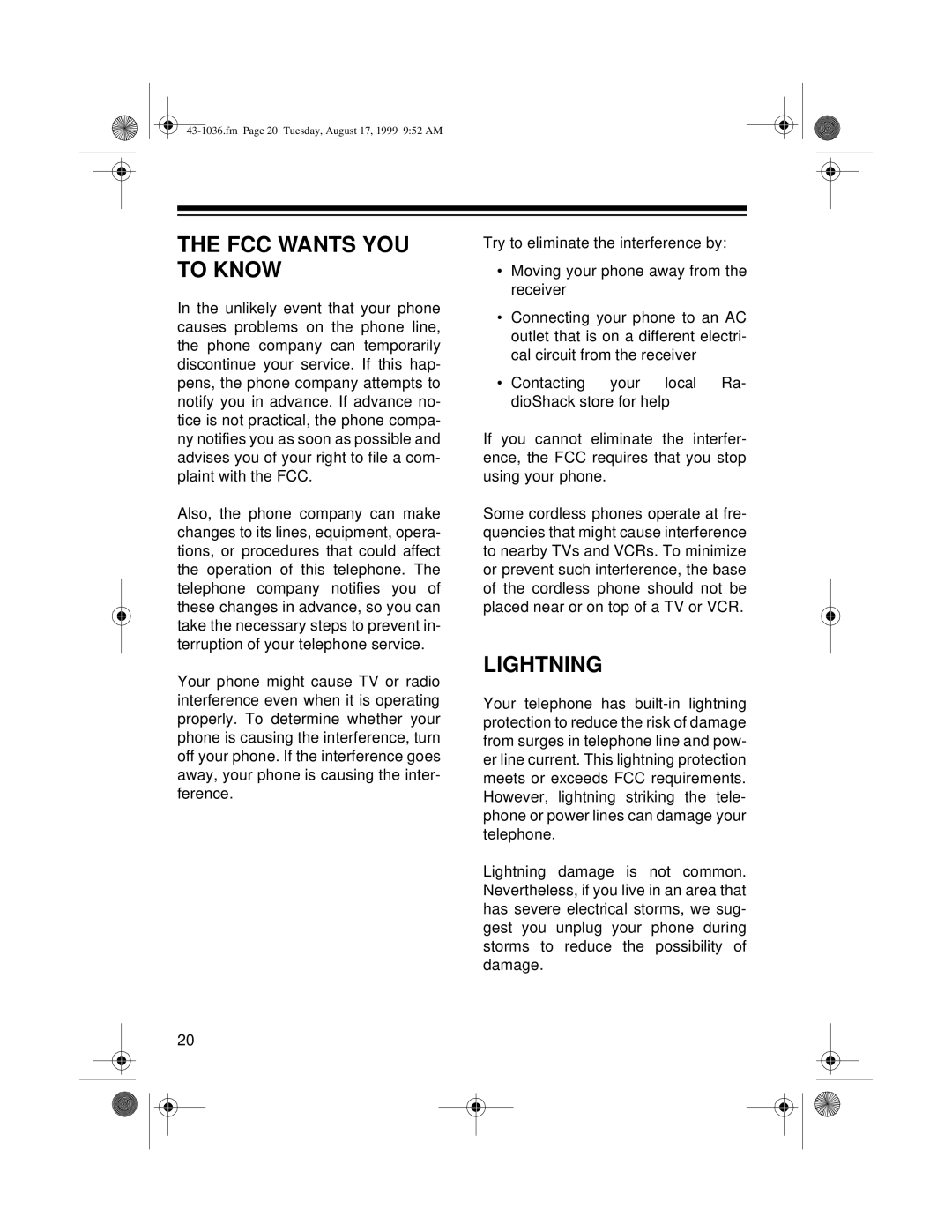 Radio Shack ET-549, ET-536 owner manual FCC Wants YOU to Know, Lightning 