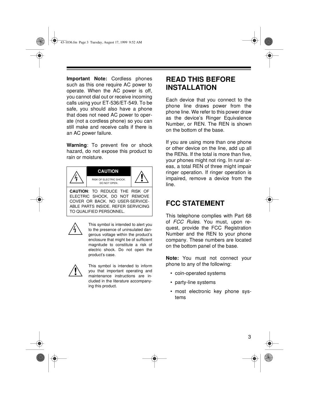 Radio Shack ET-536, ET-549 owner manual Read this Before Installation, FCC Statement 