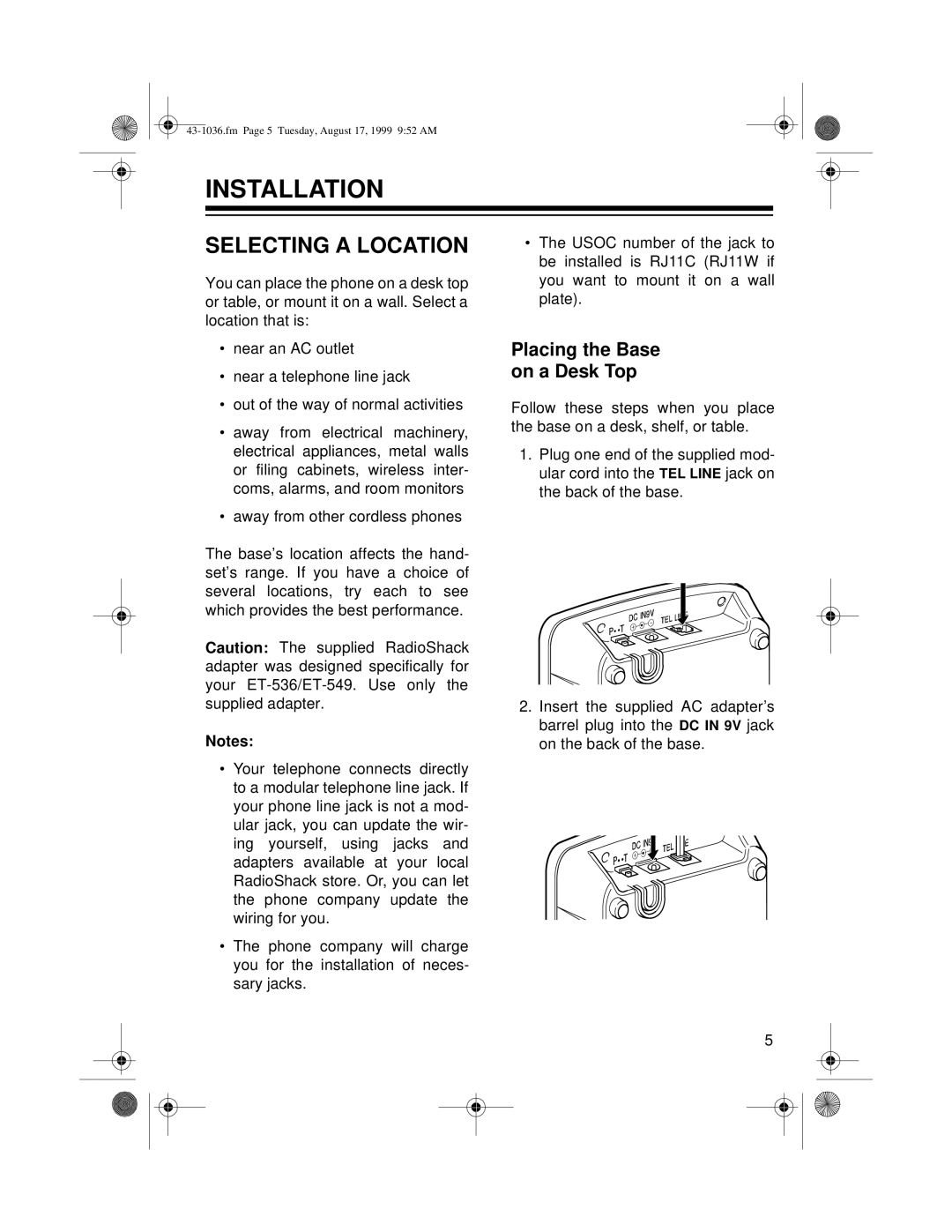 Radio Shack ET-536, ET-549 owner manual Installation, Selecting a Location, Placing the Base on a Desk Top 