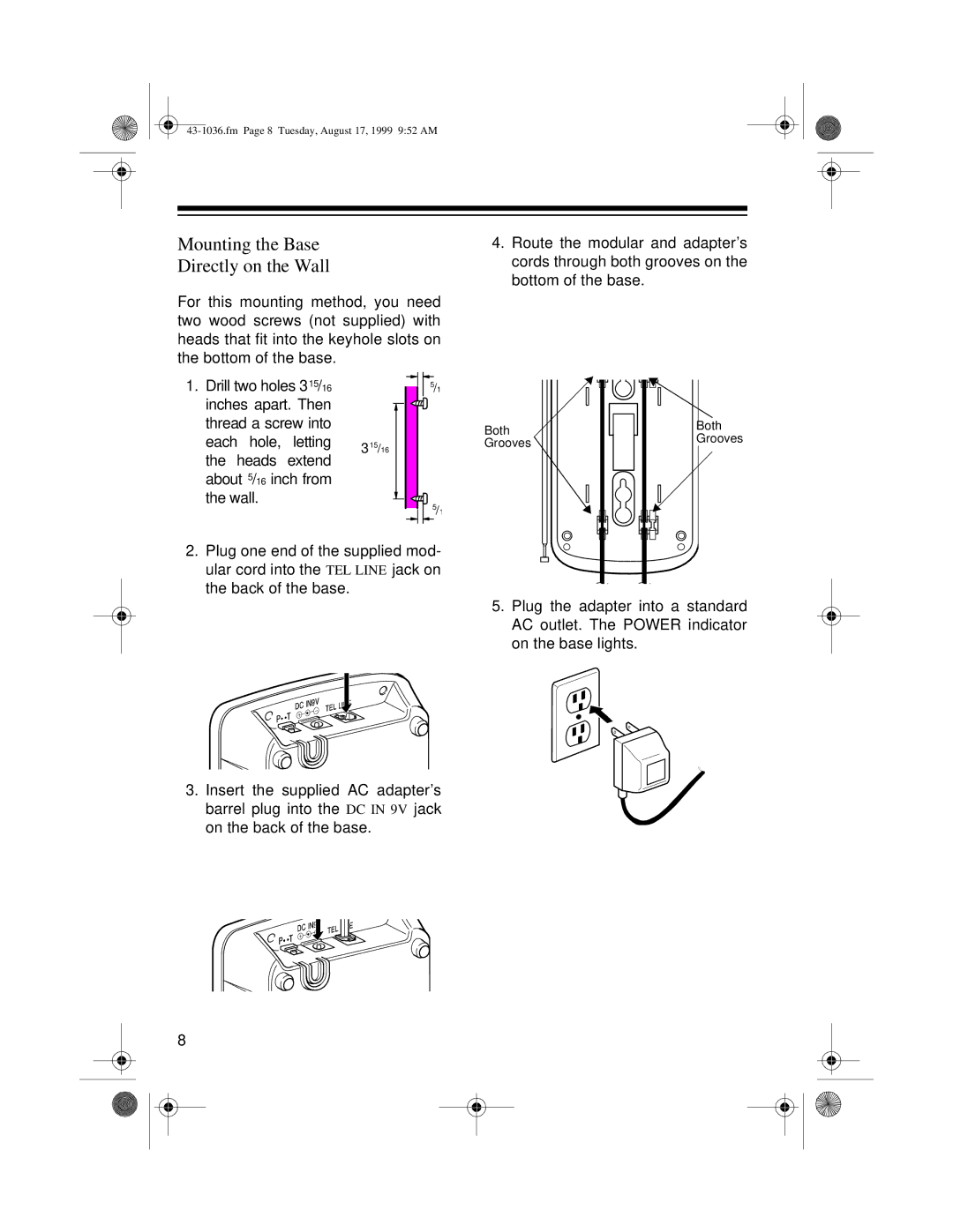 Radio Shack ET-549, ET-536 owner manual Mounting the Base Directly on the Wall 