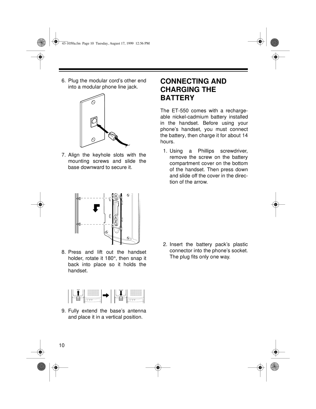 Radio Shack ET-550 owner manual Connecting and Charging the Battery 