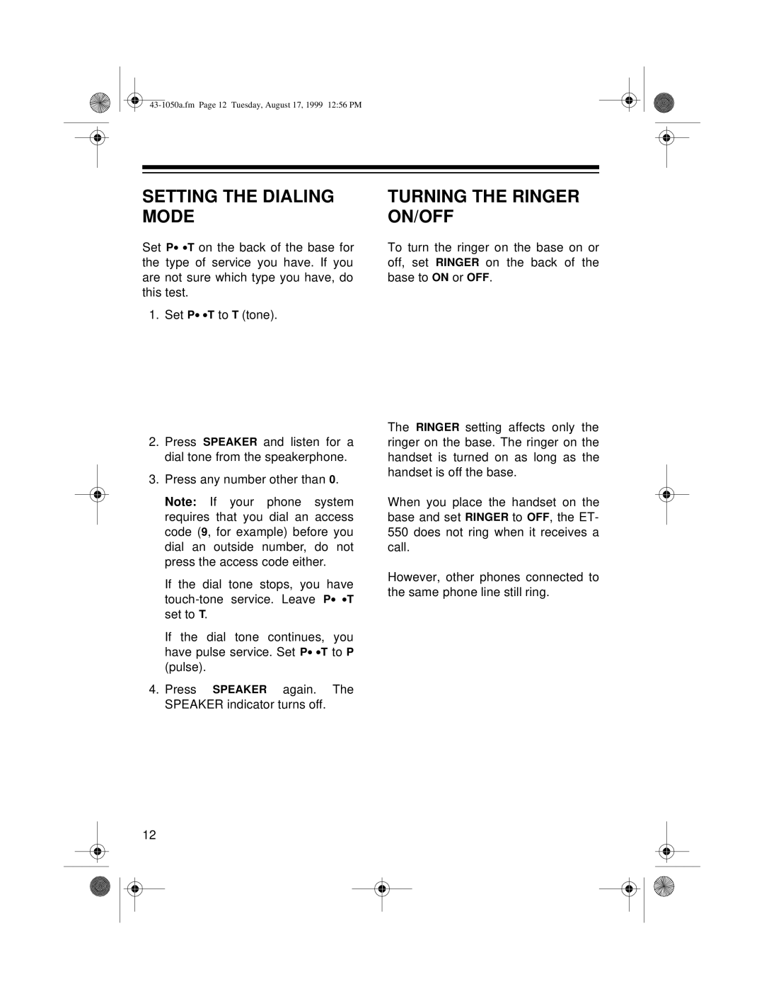 Radio Shack ET-550 owner manual Setting the Dialing Mode, Turning the Ringer ON/OFF 