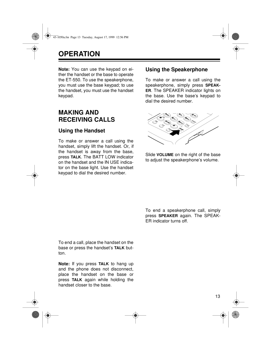 Radio Shack ET-550 owner manual Operation, Making Receiving Calls, Using the Speakerphone, Using the Handset 