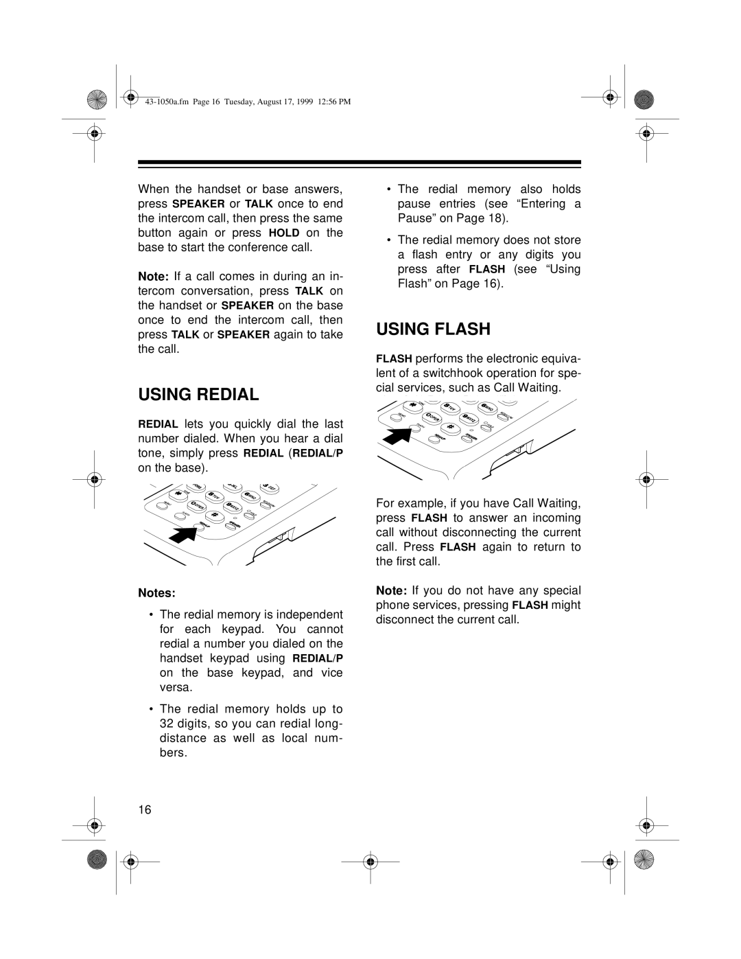 Radio Shack ET-550 owner manual Using Redial, Using Flash 