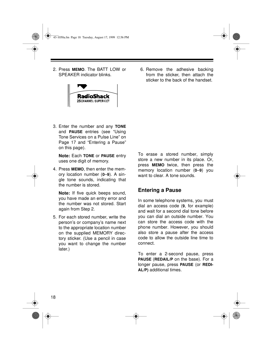 Radio Shack ET-550 owner manual Entering a Pause 