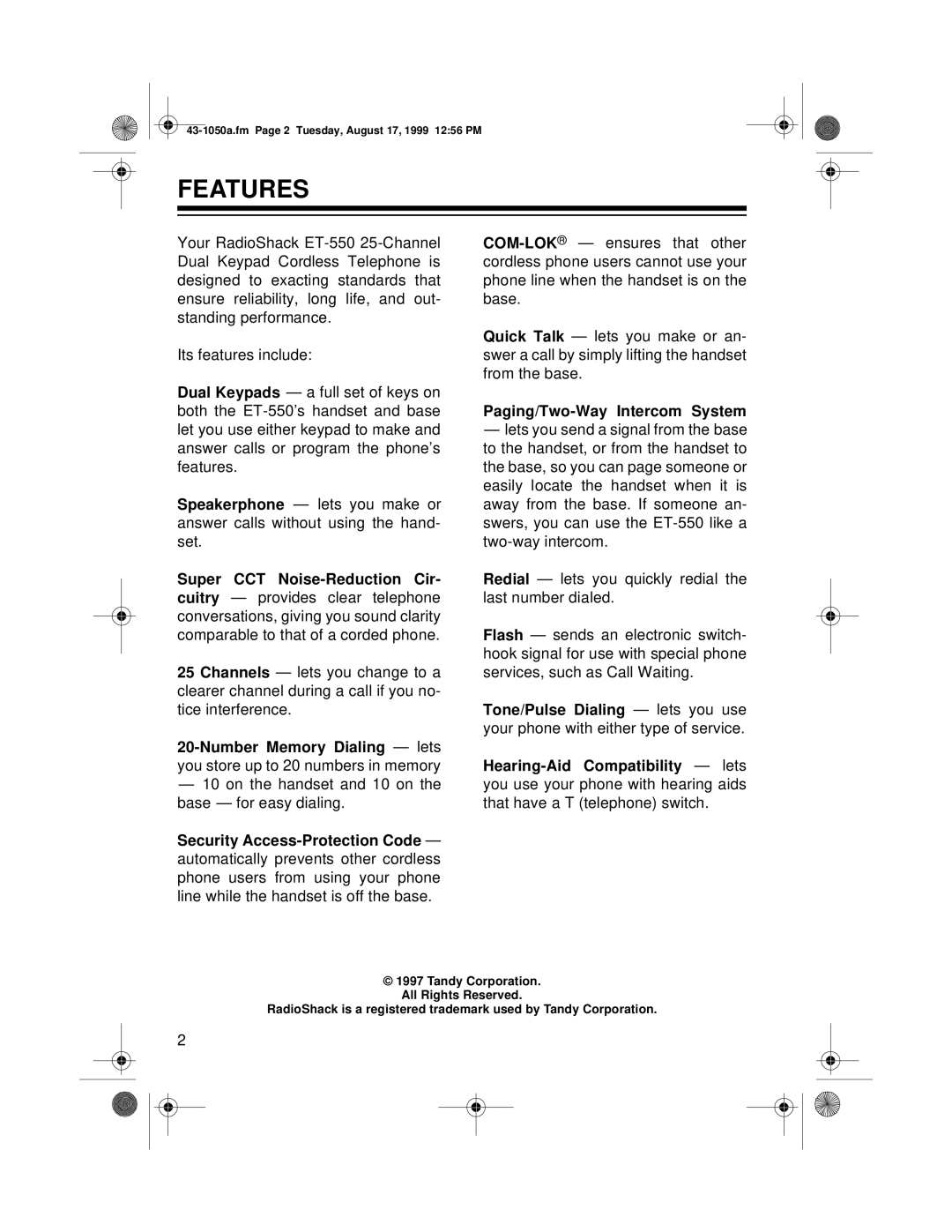 Radio Shack ET-550 owner manual Features, Paging/Two-Way Intercom System 