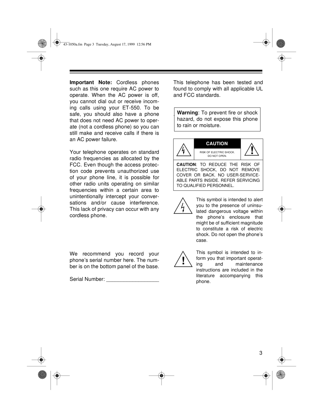 Radio Shack ET-550 owner manual 43-1050a.fm Page 3 Tuesday, August 17, 1999 1256 PM 