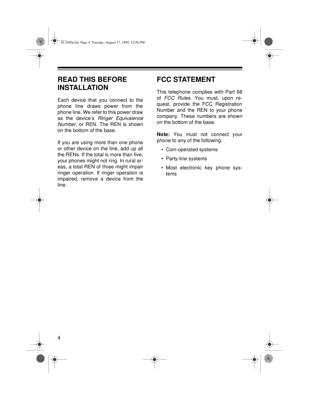 Radio Shack ET-550 owner manual Read this Before Installation, FCC Statement 