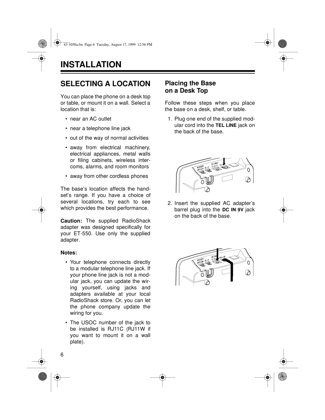 Radio Shack ET-550 owner manual Installation, Selecting a Location, Placing the Base on a Desk Top 